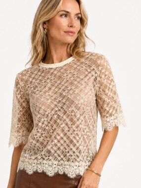 Sandro Paris Cream Lace Overlay Blouse Sheer Floral Scallop Top 2